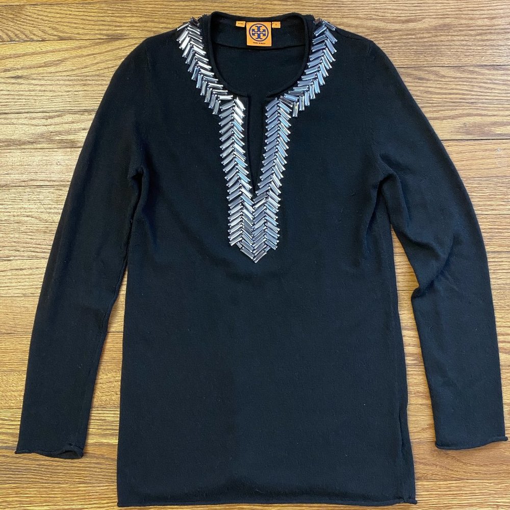Tory Burch Black Embellished Tunic Sweater
